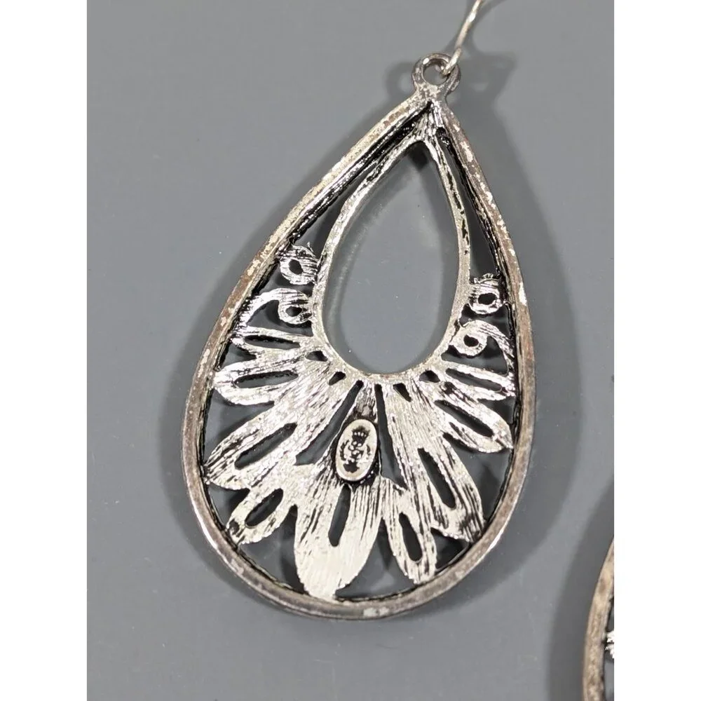 Premier Designs Boho Filigree Teardrop‎ Earrings Silver Tone Etched Cutout Drop